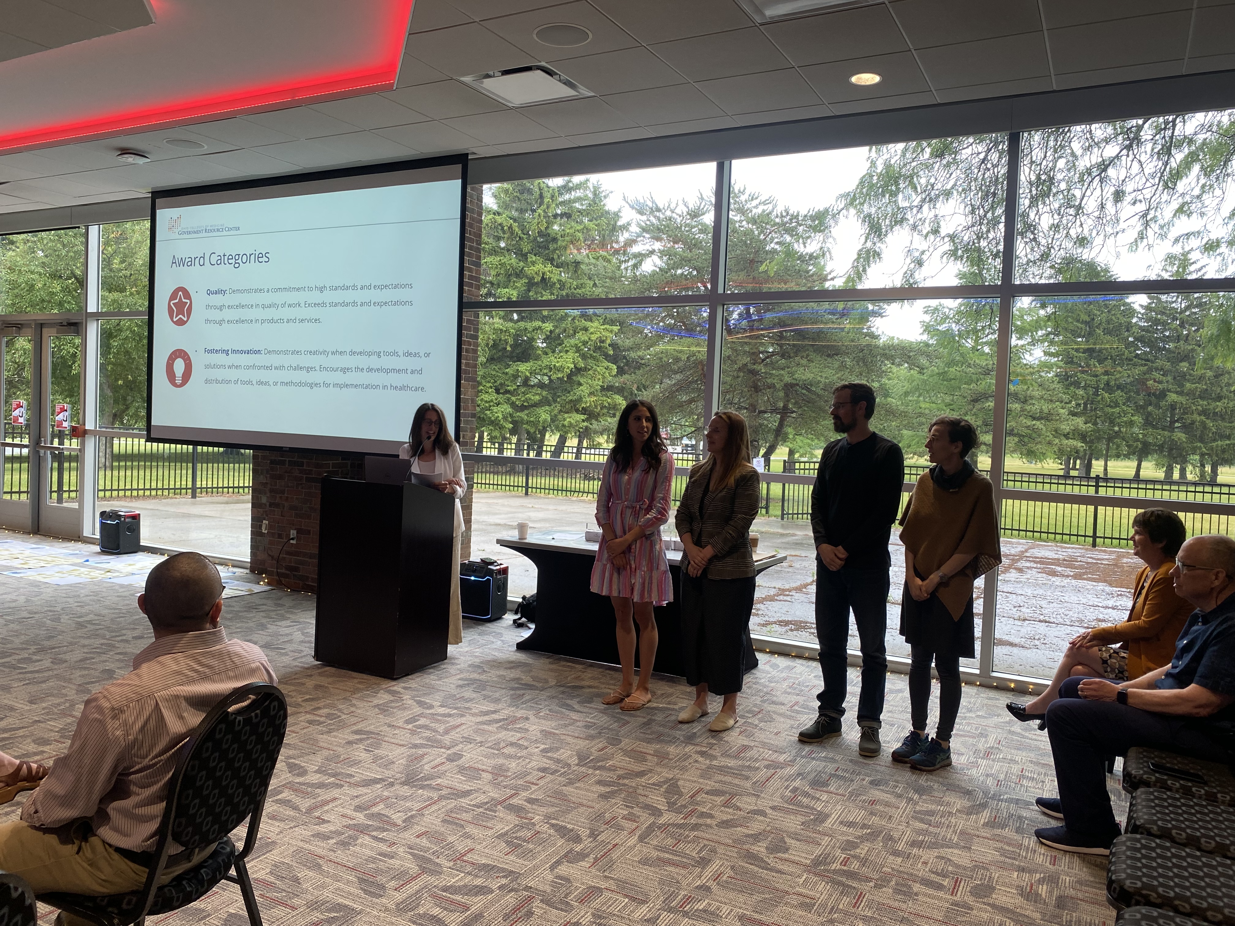 Photo of the 2023 Kudos Award winners (from left to right: Brynne Presser-Funderburg, Emelie Bailey, Nathan Doogan, Jennifer Fredette)