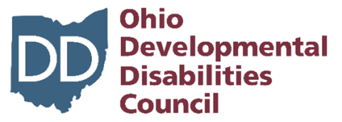 Ohio Developmental Disabilities Council logo.  White text 'DD' in White on solid gray-blue background in the shape of Ohio. Followed by 'Ohio Developmental Disabilities Council' in red text