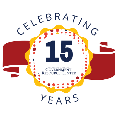 the number 15 in a yellow circle above the GRC logo, with the words "celebrating years" above and under.