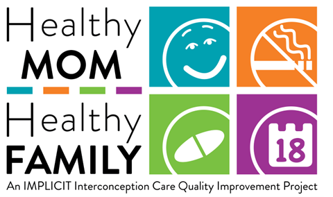 Healthy Mom, Healthy Family Logo with stylized images of a smile, no-smoking sign, medication, and a calendar date