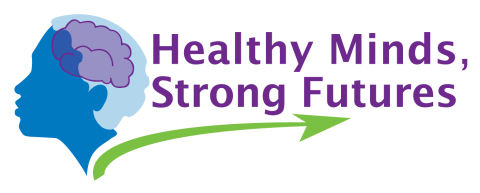 Healthy Minds, Strong Futures logo of a person and their mind, with an arrow symbolizing moving towards a healthier future.