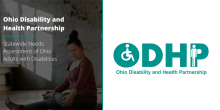 Photo of female adult with disability practicing a yoga pose. Statewide Needs Assessment of Ohio Report cover and logo.