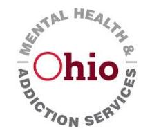 grey words that say Mental Health and Addiction Services with maroon Ohio in the center. This is the state agency's logo. 