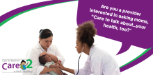 Doctor/ nurse asking a new mother (with baby in arms) if she is interested in talking about her health during the baby wellness check.