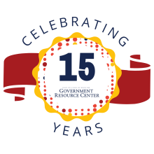 the number 15 in a yellow circle above the GRC logo, with the words "celebrating years" above and under.