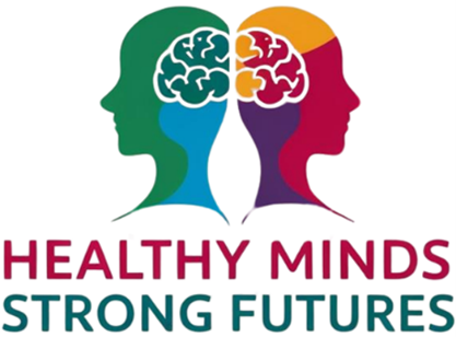 Health Minds, Strong Futures logo symbolizing two healthy minds and bodies.